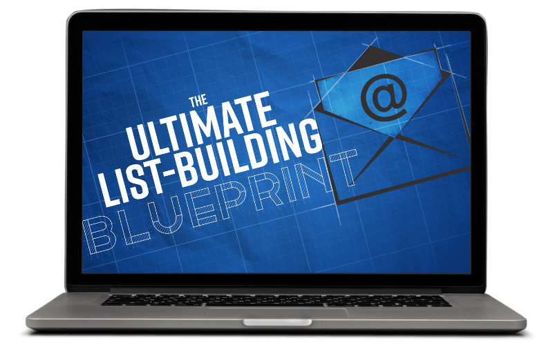 The Ultimate List-Building Blueprint course shown on a laptop